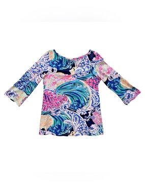 Lilly Pulitzer S Top 3/4 Sleeve Stretch Boat Neck All That She Wants Waverly
